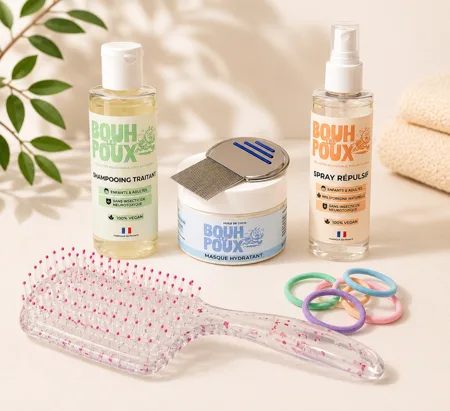 Pack complet 3 produits + 1 peigne traitant. Et en cadeau 1 brosse + 5 élastiques